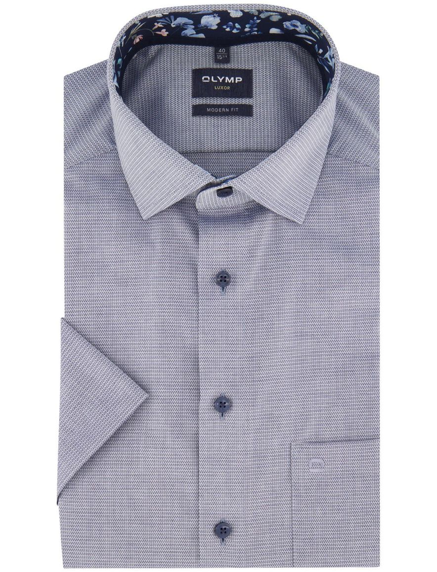 Olymp Modern Fit overhemd geprint blauw strijkvrij korte mouw