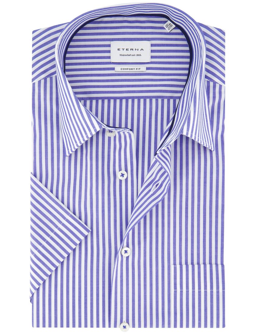 Eterna overhemd blauw gestreept met borstzak