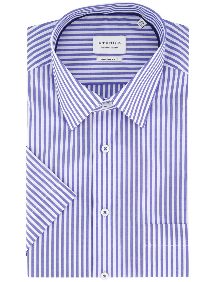 Eterna overhemd blauw gestreept met borstzak