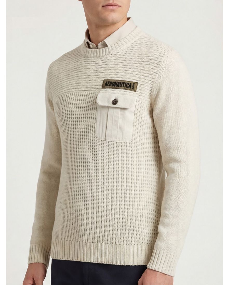 Aeronautica Militare trui gebreid beige effen normale fit