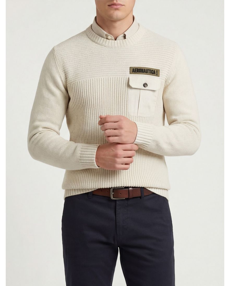Aeronautica Militare trui gebreid beige effen normale fit