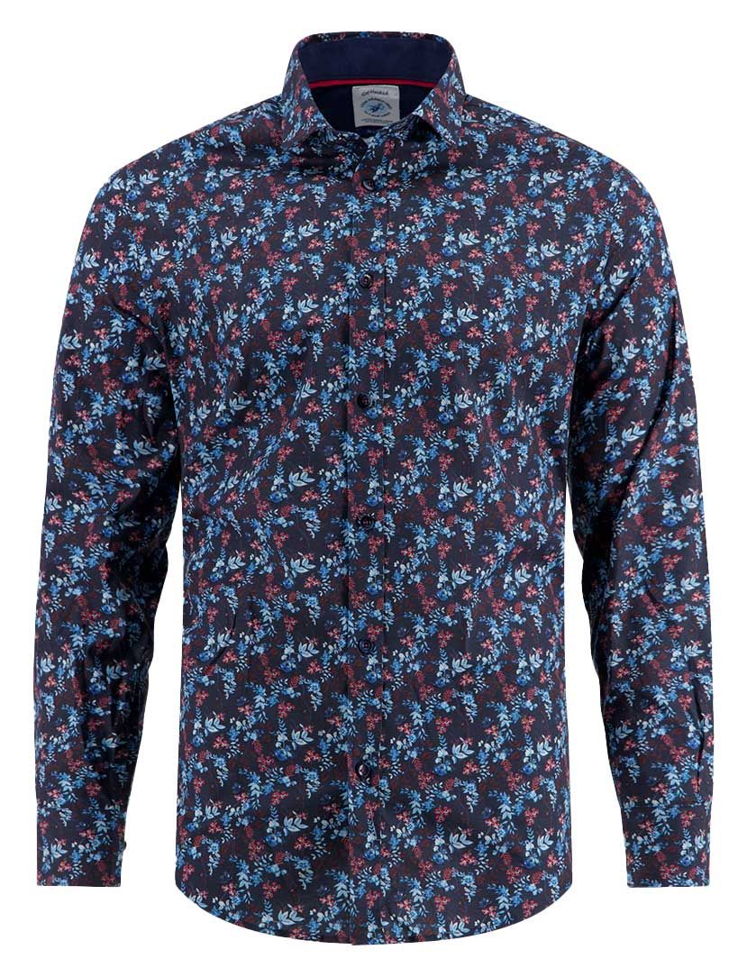 A Fish Named Fred overhemd donkerblauw geprint katoen