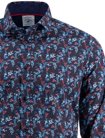 A Fish Named Fred overhemd donkerblauw geprint katoen