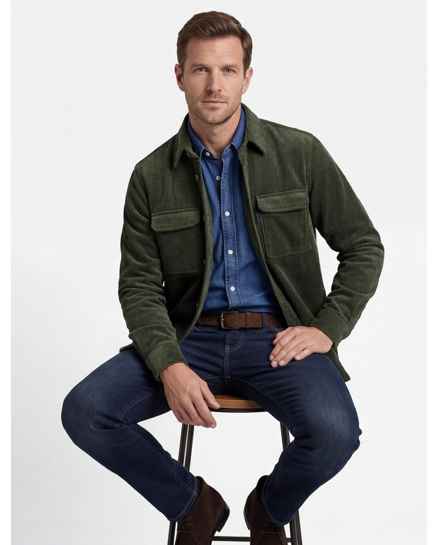 A Fish Named Fred overshirt groen rib effen slim fit