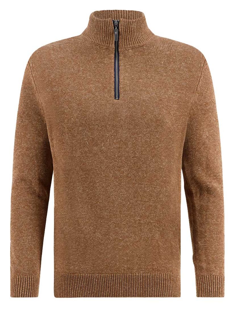 A Fish Named Fred halfzip trui effen bruin slim fit