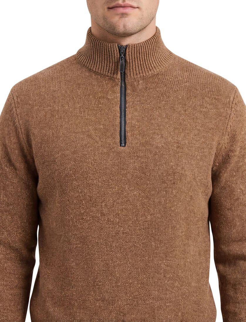 A Fish Named Fred halfzip trui effen bruin slim fit