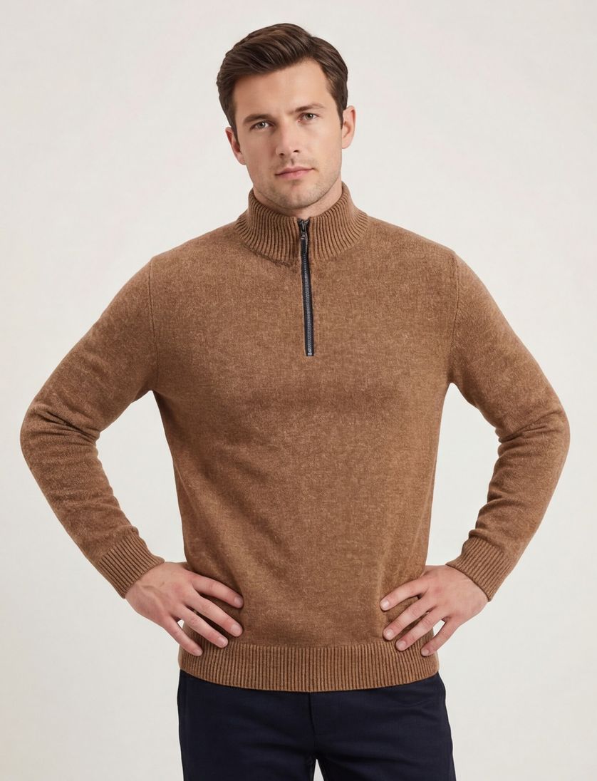 A Fish Named Fred halfzip trui effen bruin slim fit