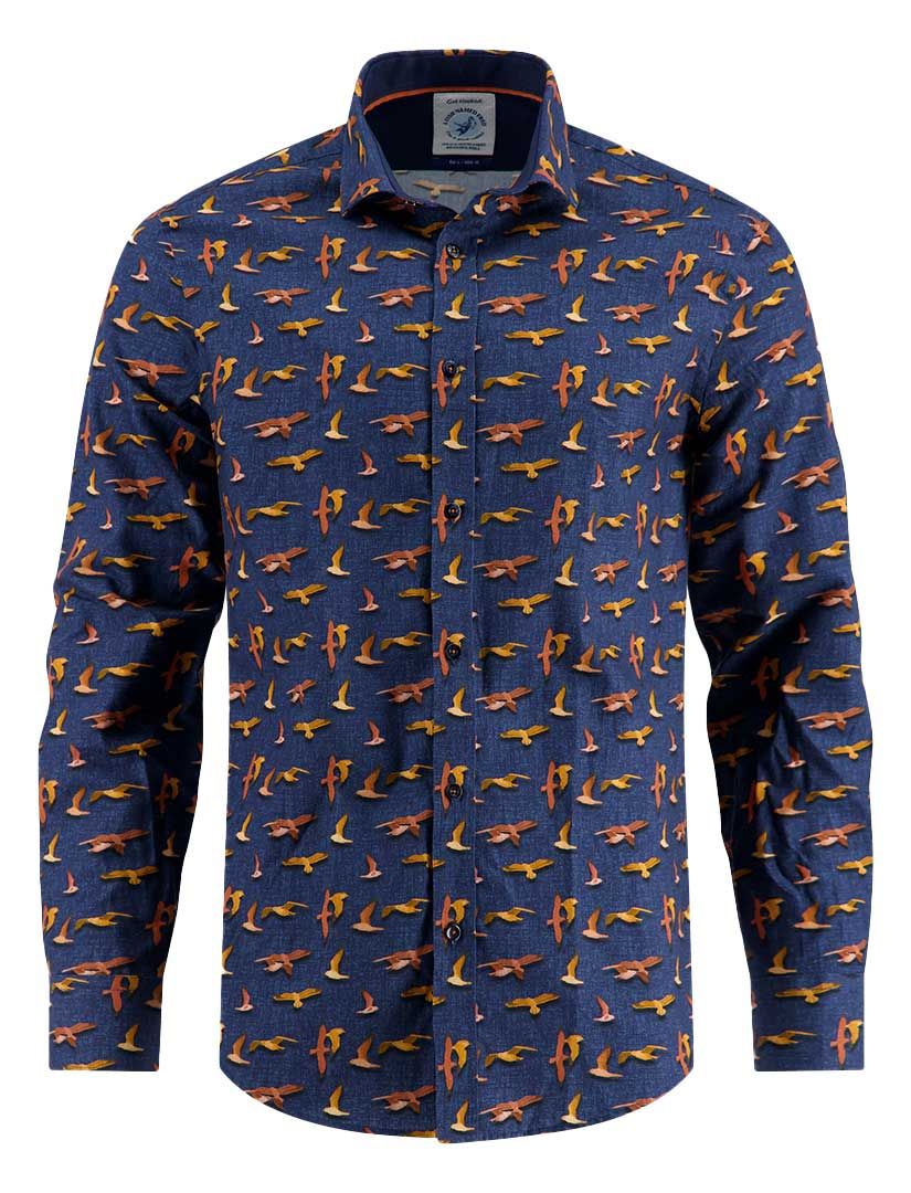 A Fish Named Fred overhemd donkerblauw geprint vogels