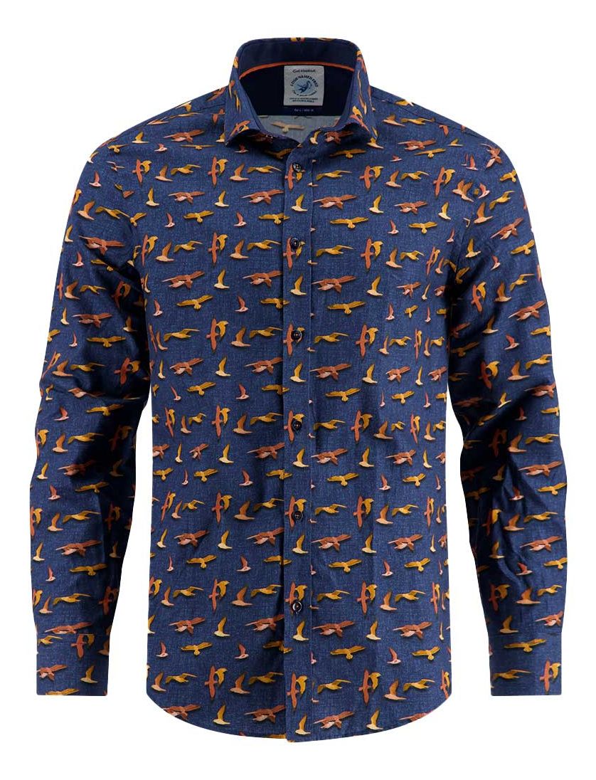 A Fish Named Fred overhemd donkerblauw geprint vogels