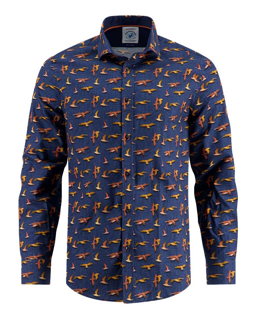 A Fish Named Fred overhemd donkerblauw vogel print
