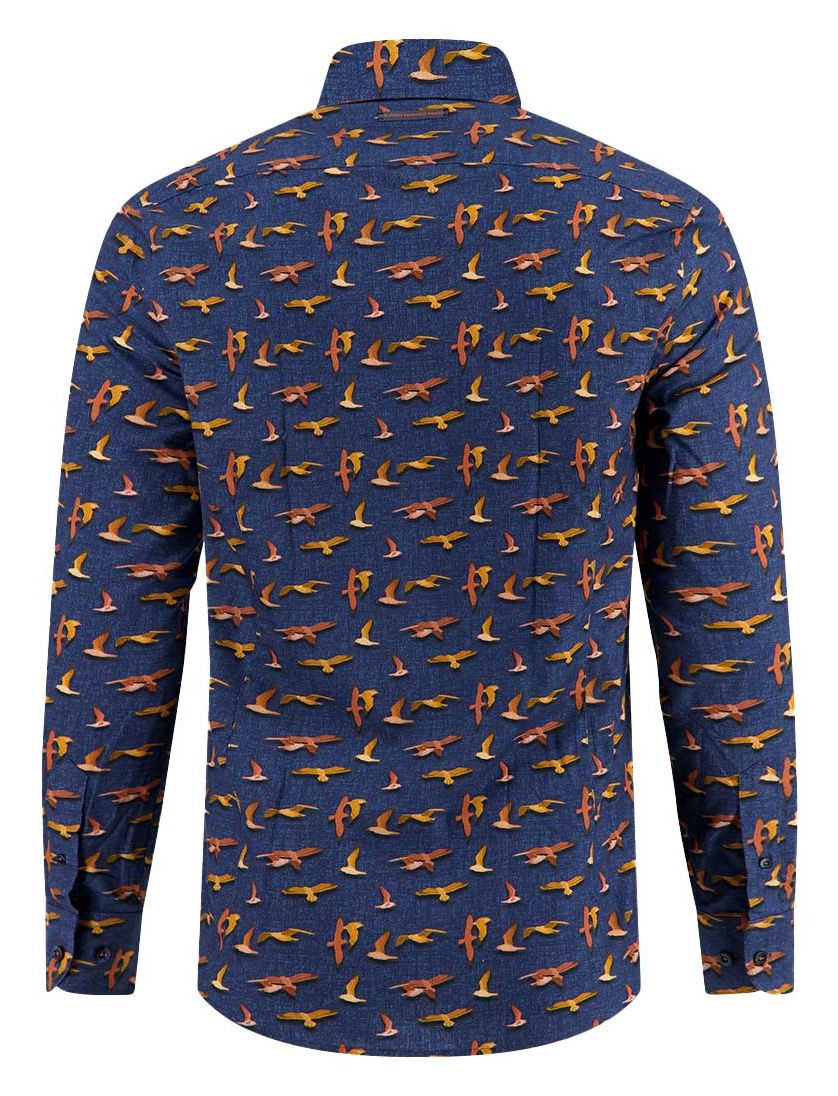 A Fish Named Fred overhemd donkerblauw geprint vogels