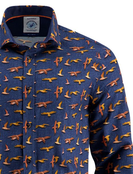 A Fish Named Fred overhemd donkerblauw geprint vogels
