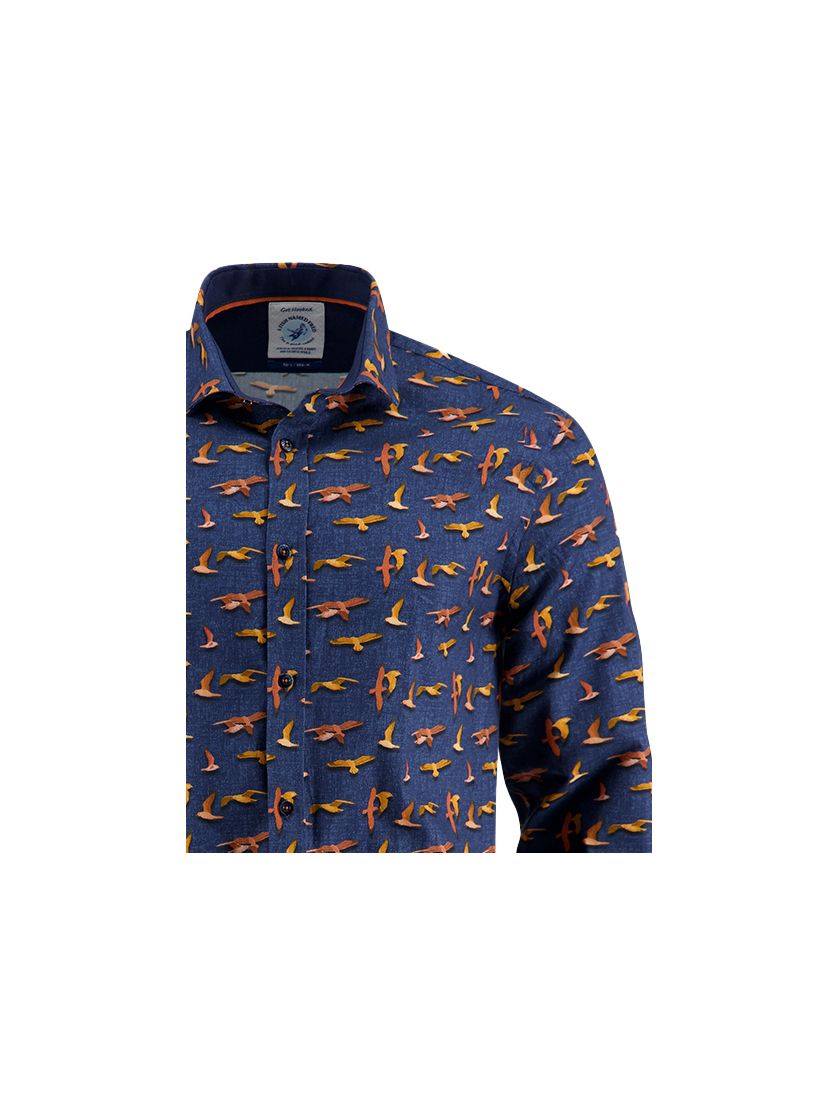 A Fish Named Fred overhemd donkerblauw geprint vogels