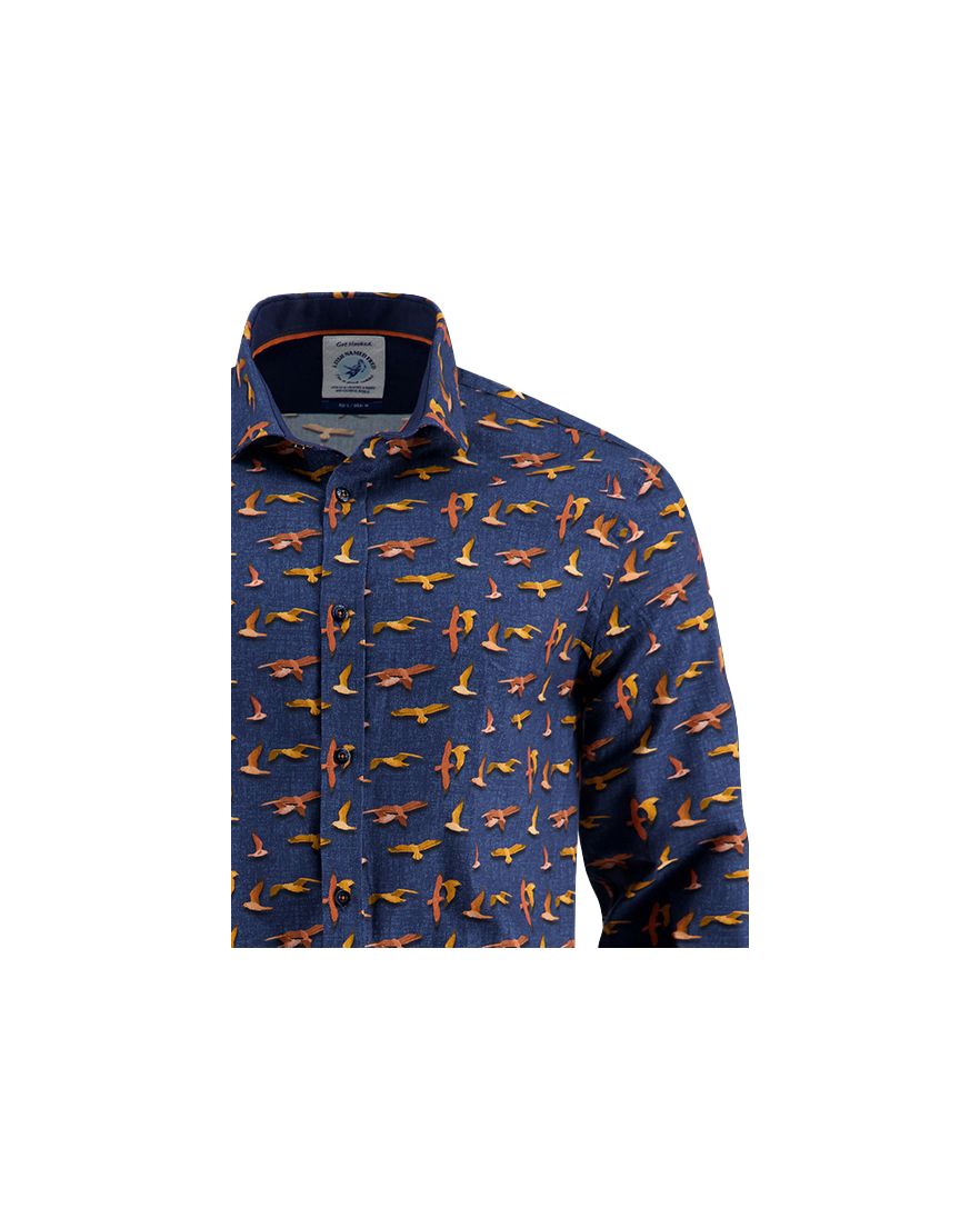 A Fish Named Fred overhemd donkerblauw vogel print