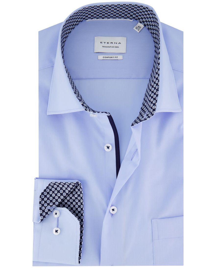 Eterna overhemd blauw comfort fit borstzak effen