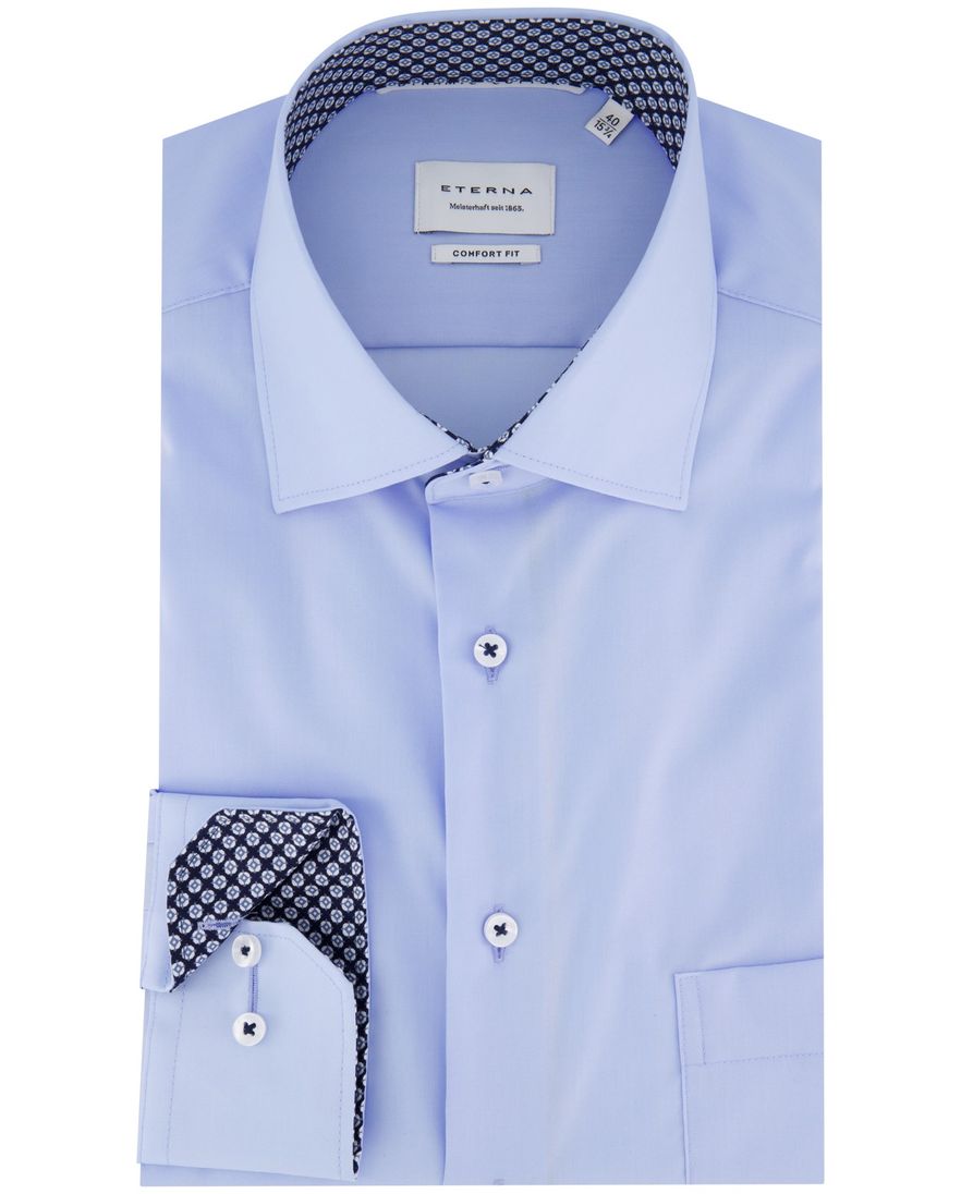 Eterna overhemd blauw comfort fit borstzak effen