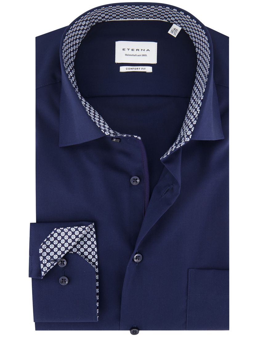 Eterna overhemd donkerblauw strijkvrij semi-wide collar