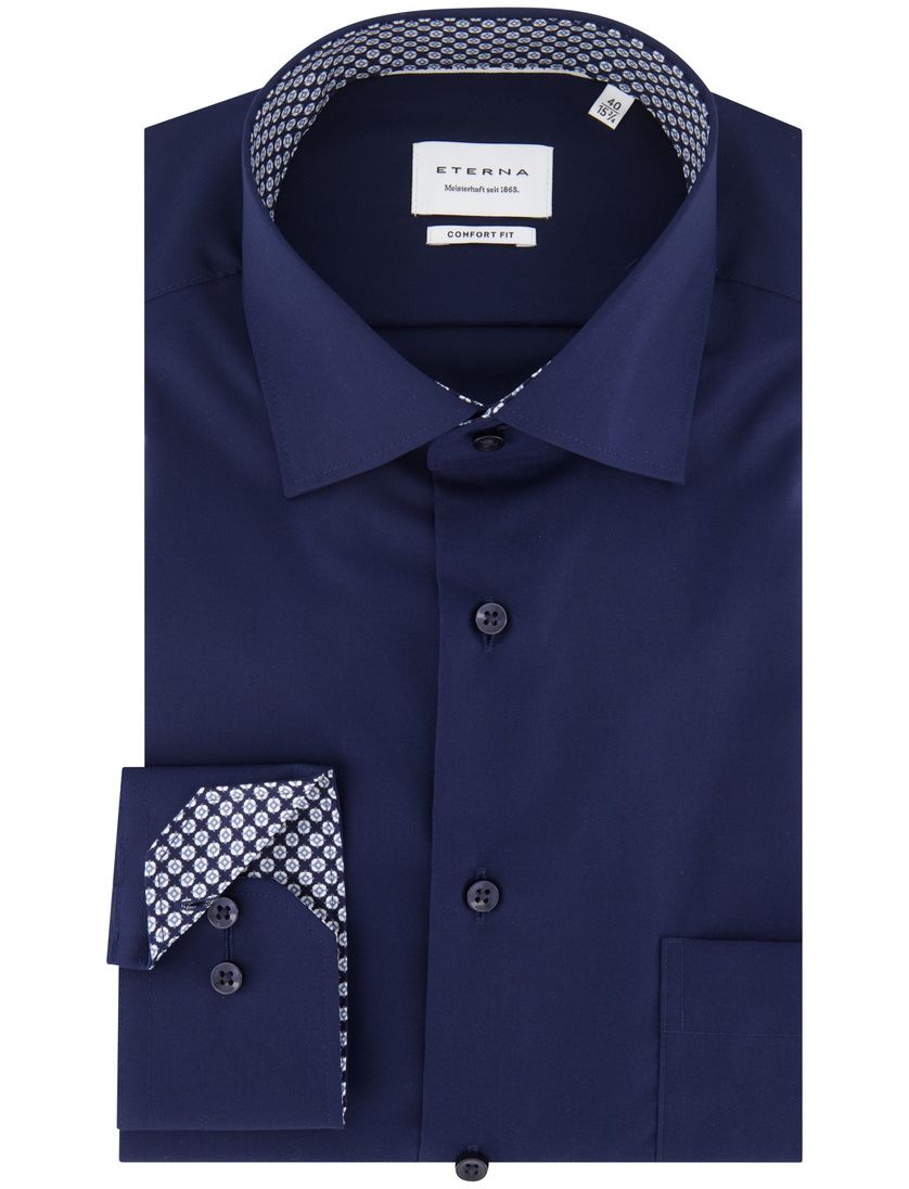 Eterna overhemd donkerblauw strijkvrij semi-wide collar