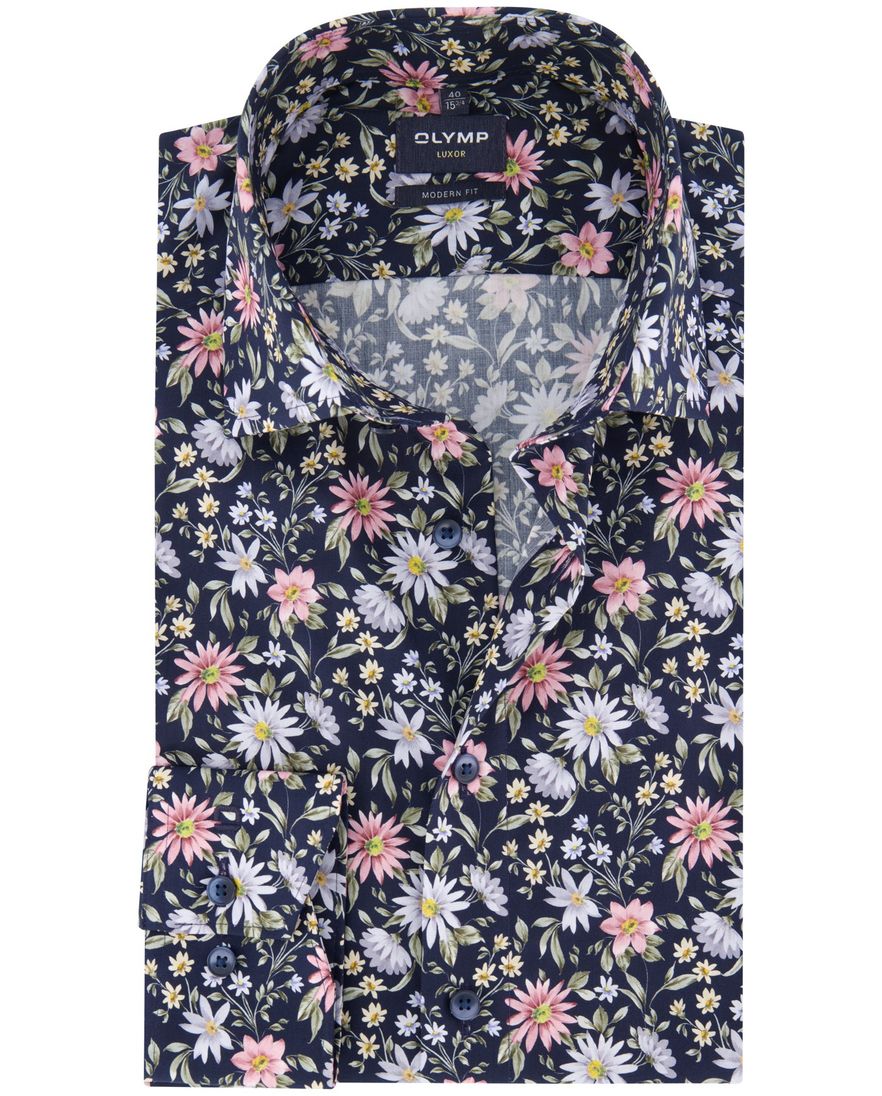 Olymp overhemd donkerblauw bloemen normale fit katoen