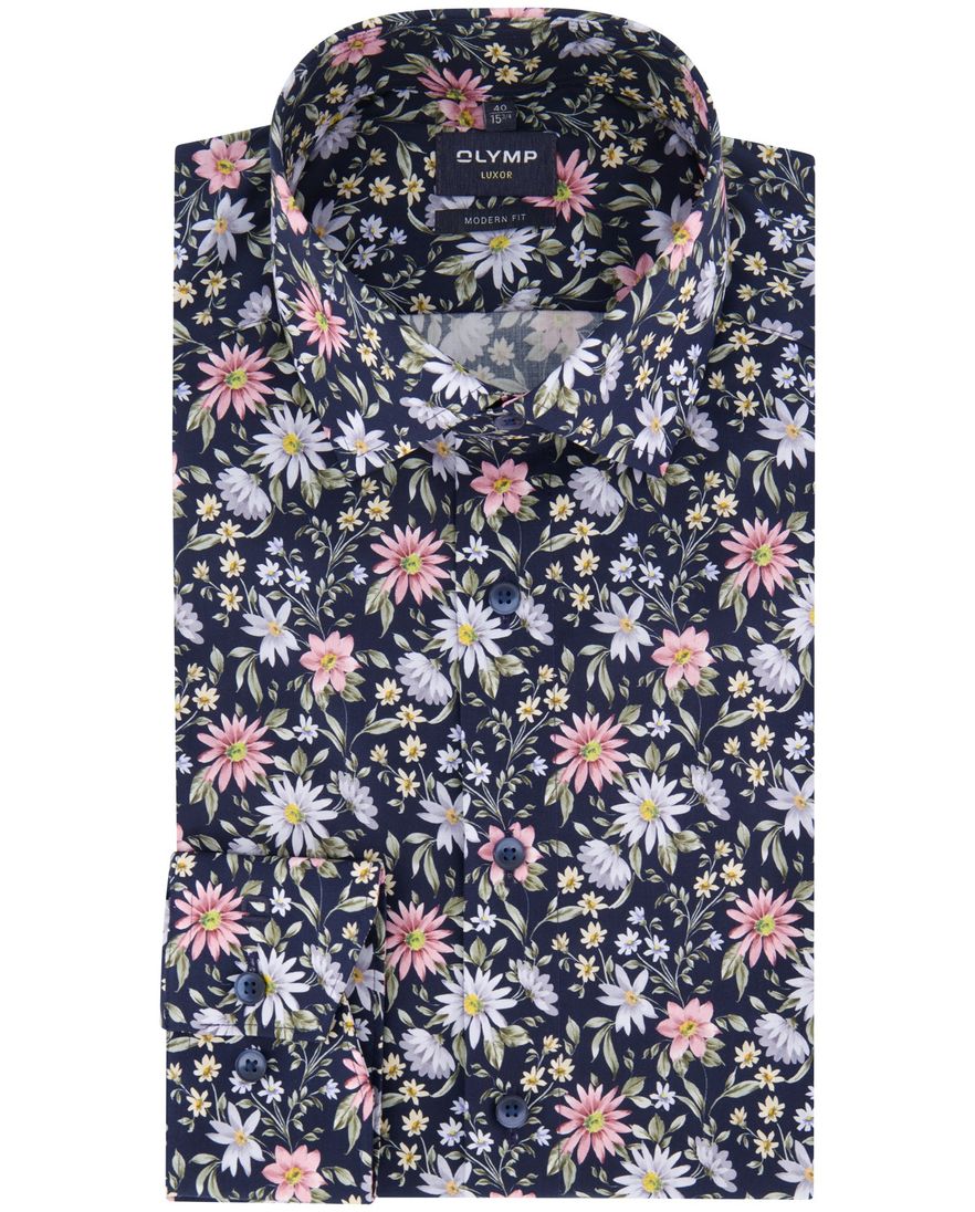 Olymp overhemd donkerblauw bloemen normale fit katoen