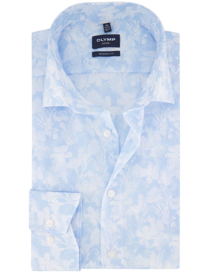 Olmyp overhemd lichtblauw geprint katoen normale fit