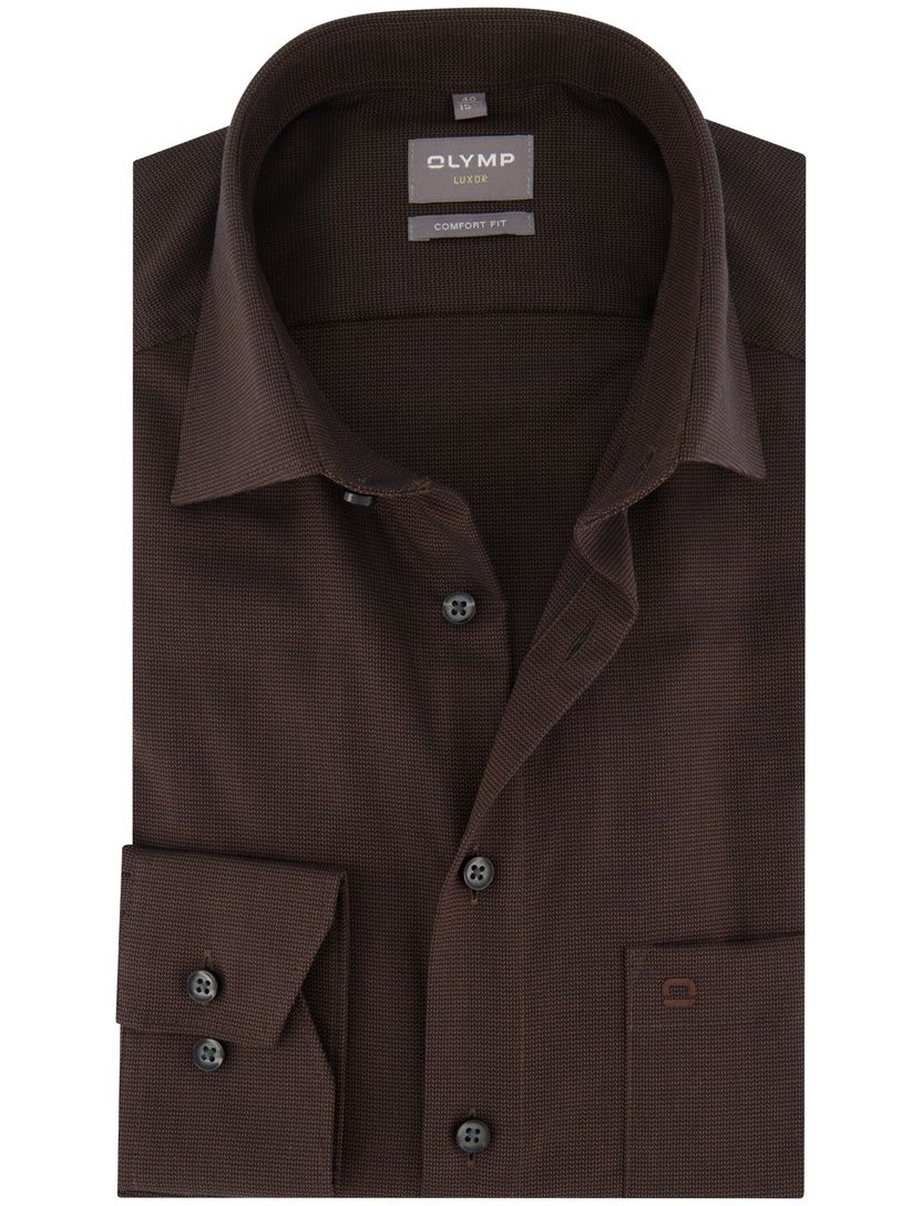 Olymp Comfort Fit overhemd strijkvrij bruin fijn geprint borstzak