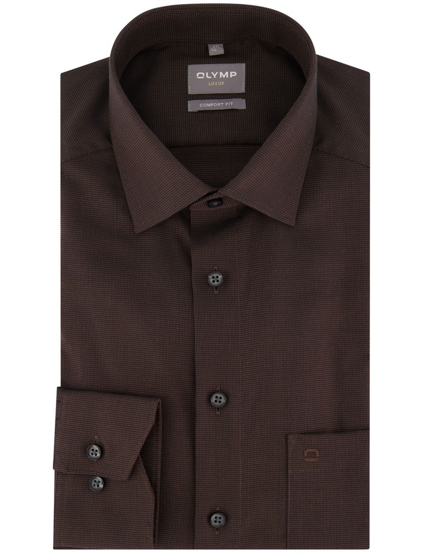 Olymp Comfort Fit overhemd strijkvrij bruin fijn geprint borstzak