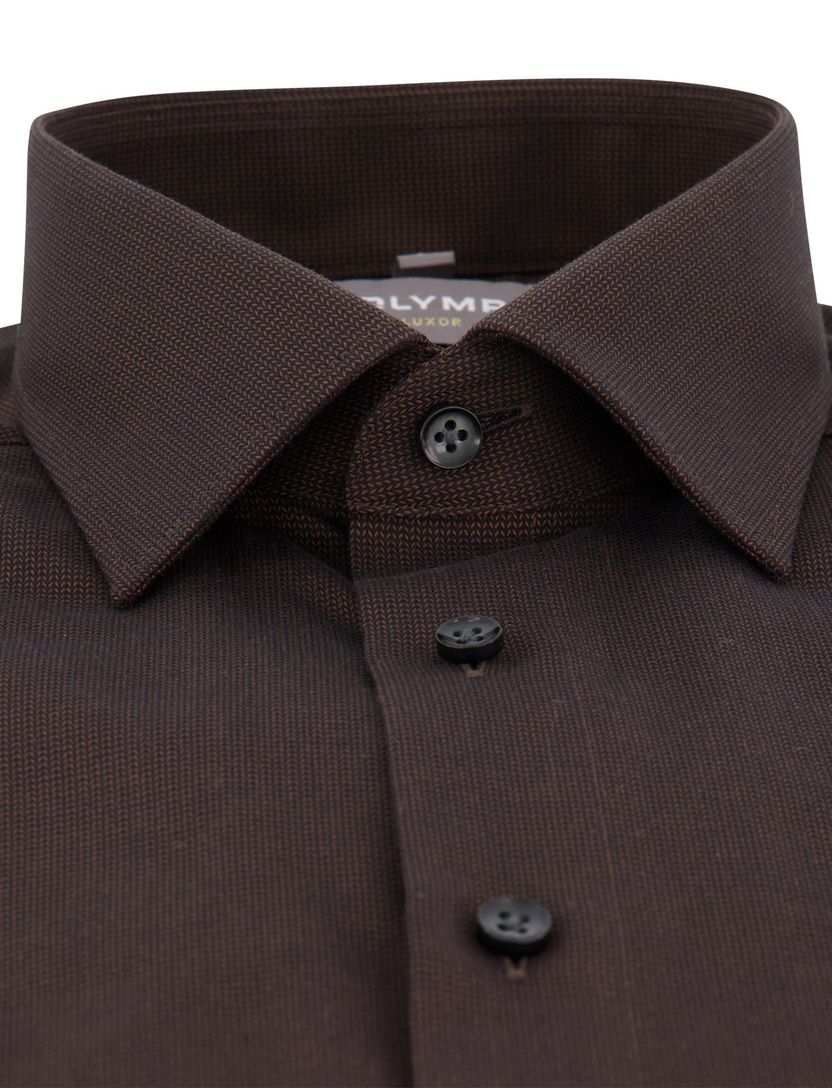 Olymp Comfort Fit overhemd strijkvrij bruin fijn geprint borstzak
