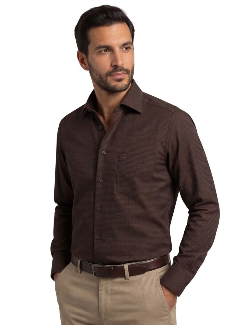 Olymp Comfort Fit overhemd strijkvrij bruin fijn geprint borstzak