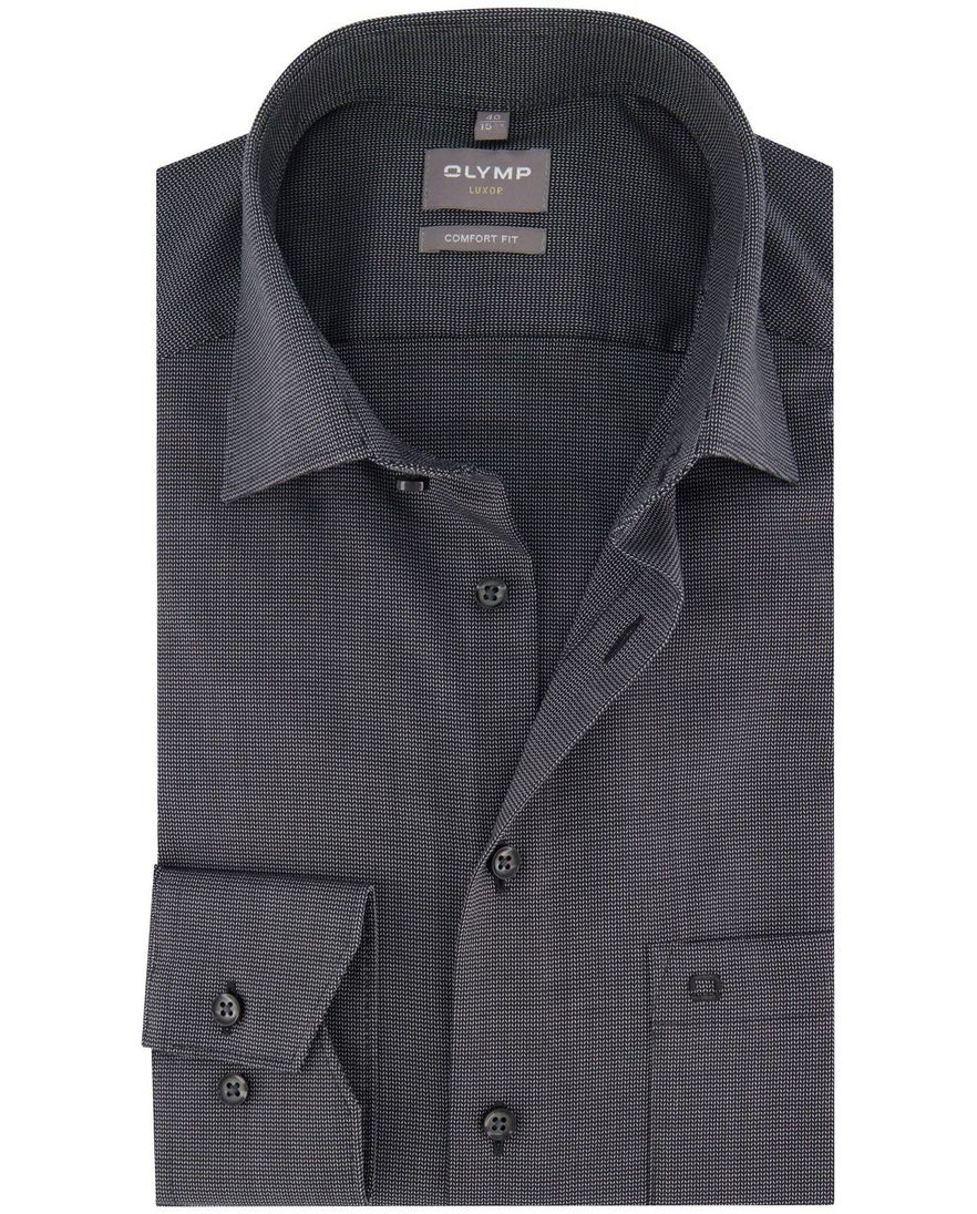 Olymp Comfort Fit overhemd grijs borstzak strijkvrij fijn geprint