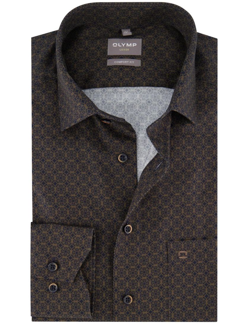 Olymp Comfort Fit overhemd strijkvrij bruin blauw geprint