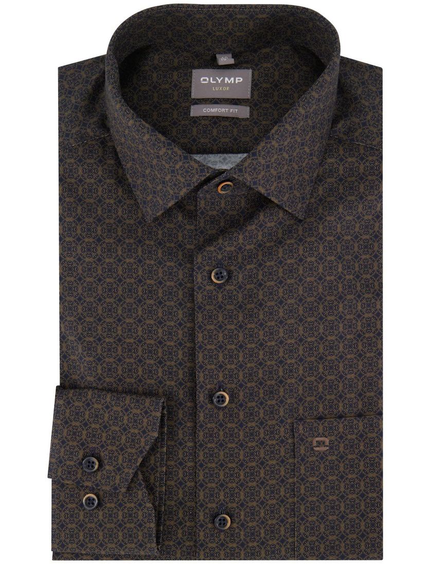 Olymp Comfort Fit overhemd strijkvrij bruin blauw geprint