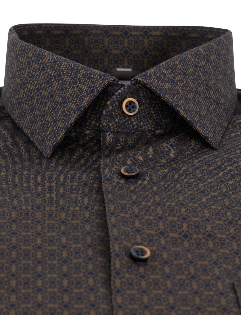 Olymp Comfort Fit overhemd strijkvrij bruin blauw geprint
