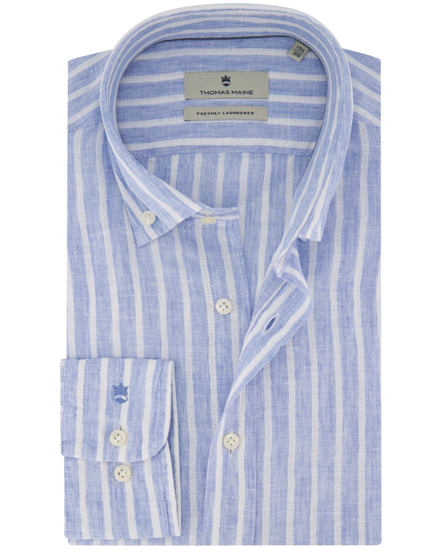 Thomas Maine overhemd linnen blauw gestreept