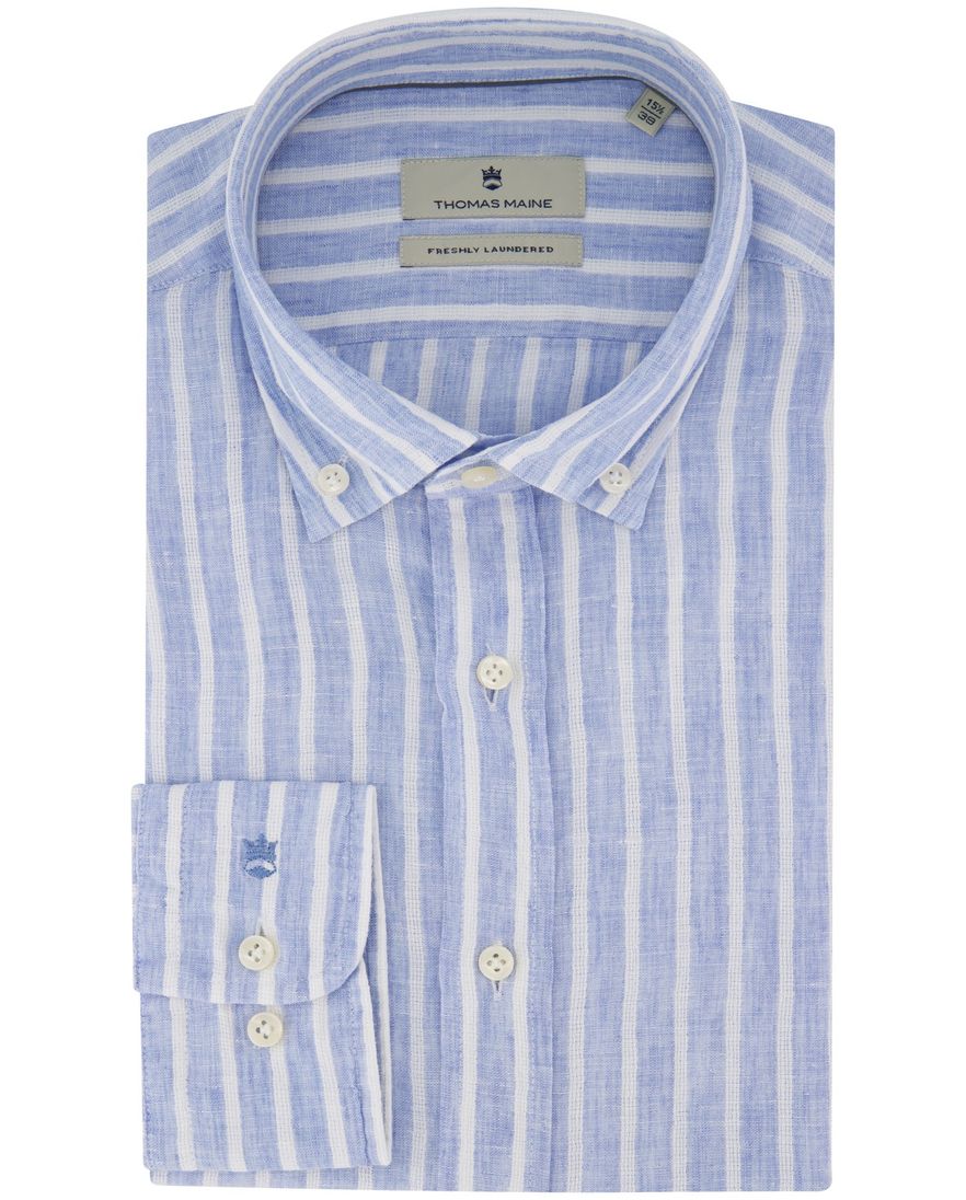 Thomas Maine overhemd linnen blauw gestreept