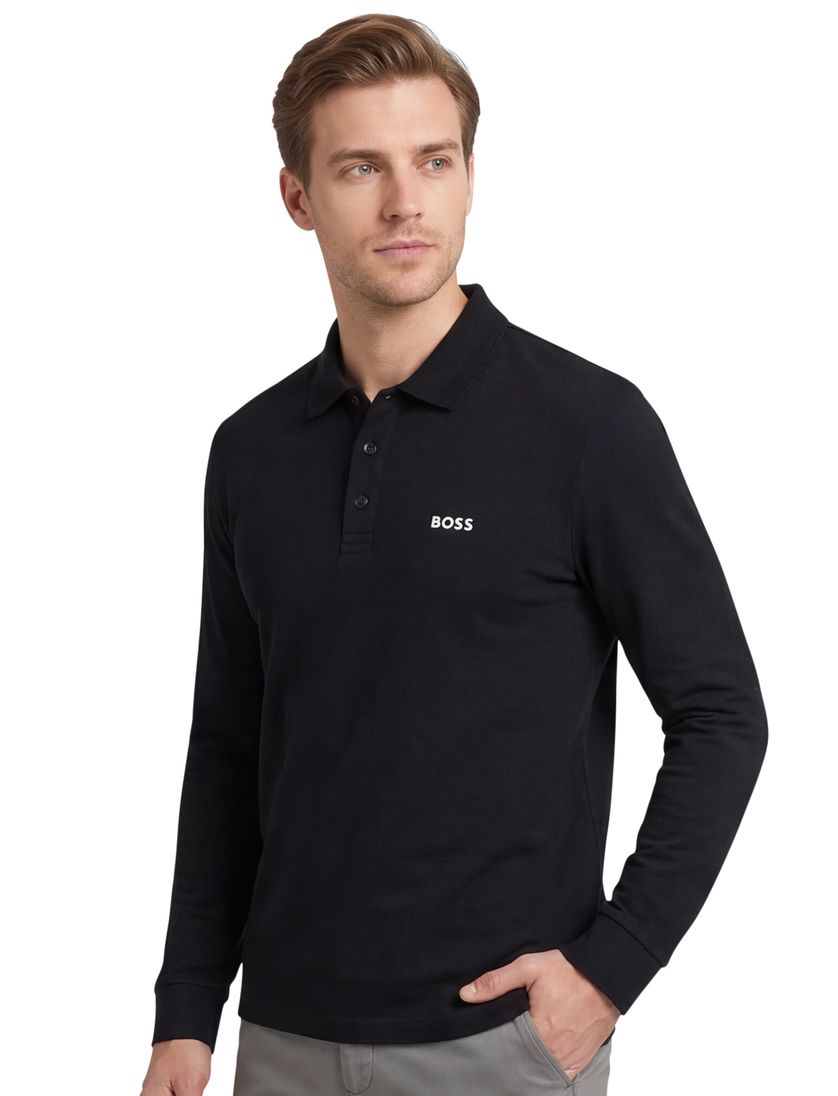 poloshirt Boss Green lange mouw zwart katoen