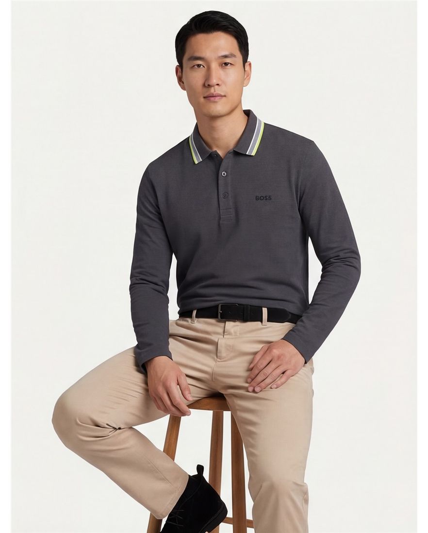 Boss Green poloshirt grijs lange mouw katoen