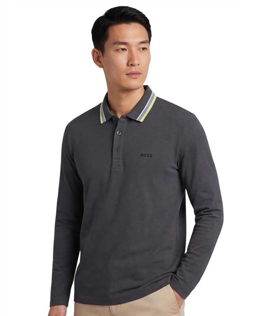Boss Green poloshirt grijs lange mouw katoen