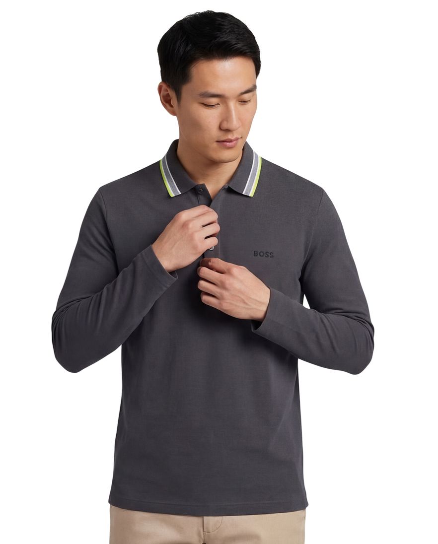 Boss Green poloshirt grijs lange mouw katoen