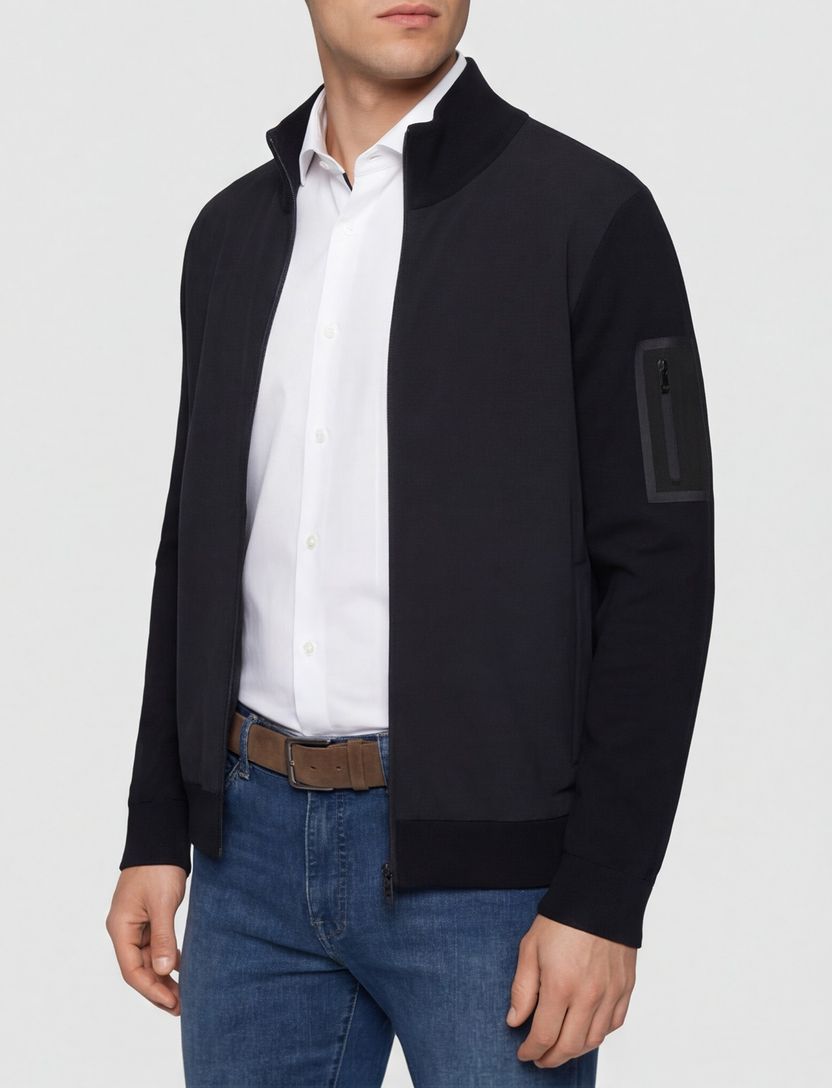 vest Boss Green donkerblauw effen met wol