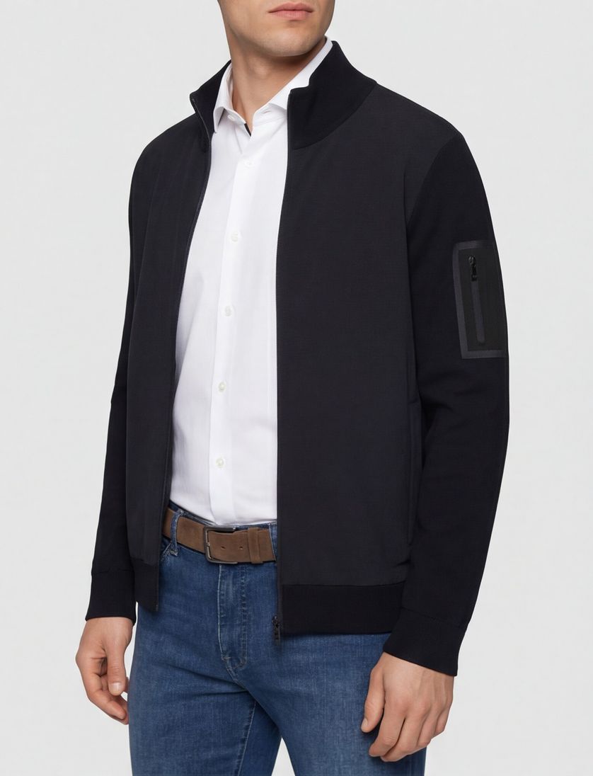 vest Boss Green donkerblauw effen met wol