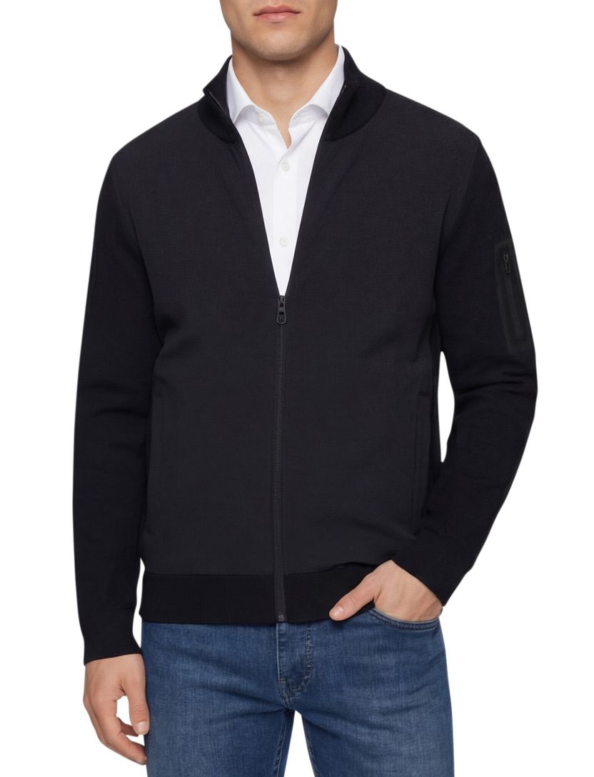 vest Boss Green donkerblauw effen met wol