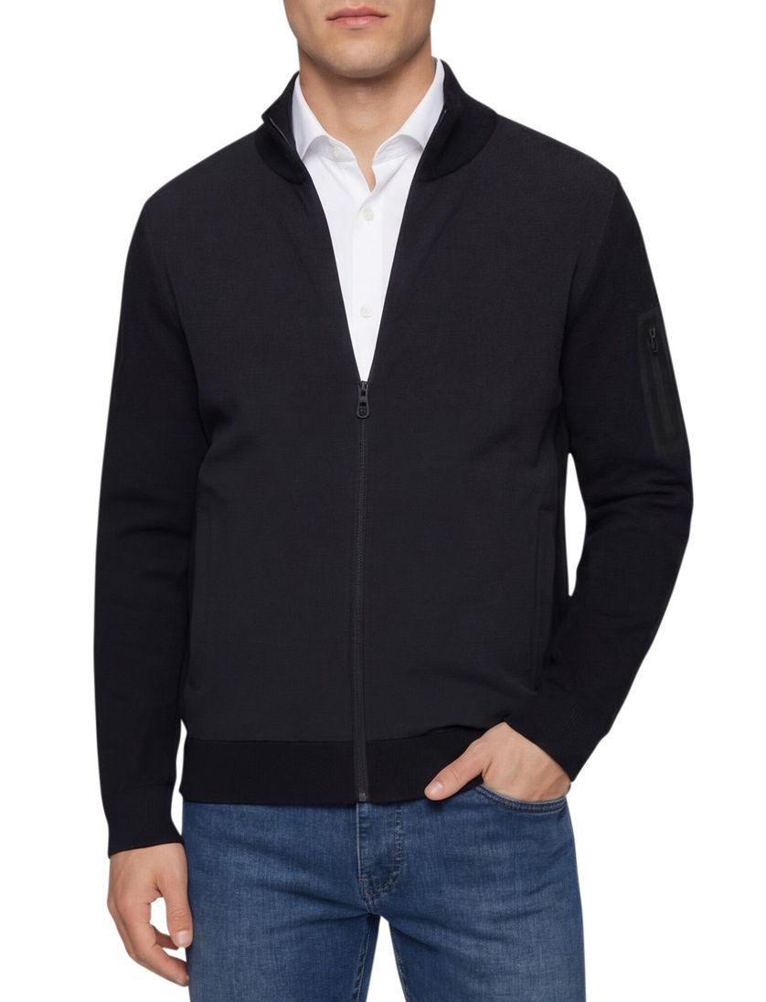 vest Boss Green donkerblauw effen met wol