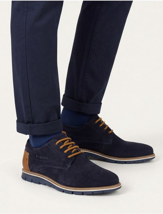 Bugatti herenschoen donkerblauw suede bruine veters