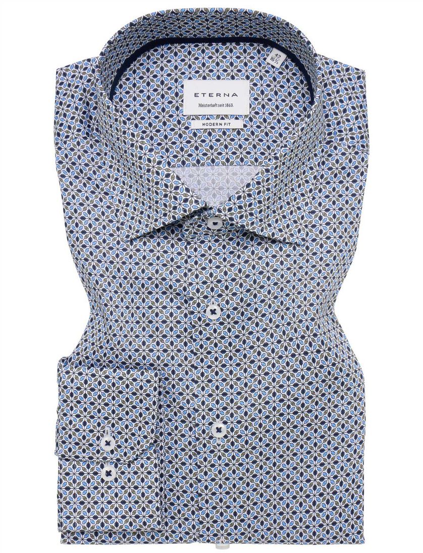 Eterna overhemd blauw geprint normale fit katoen