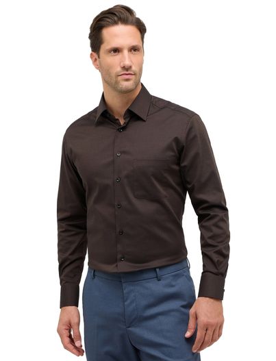 Eterna Eterna overhemd effen bruin katoen normale fit