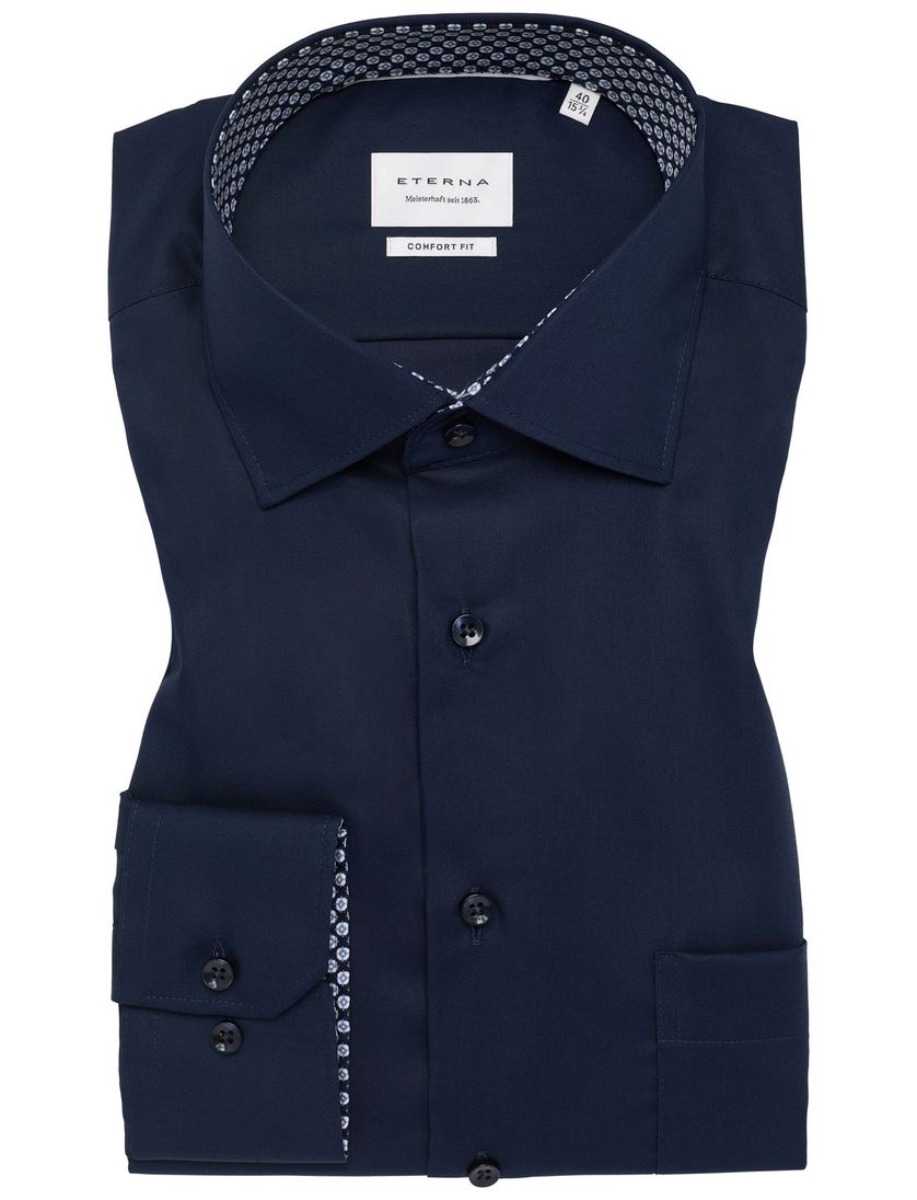 Eterna overhemd donkerblauw mouwlengte 7 effen katoen
