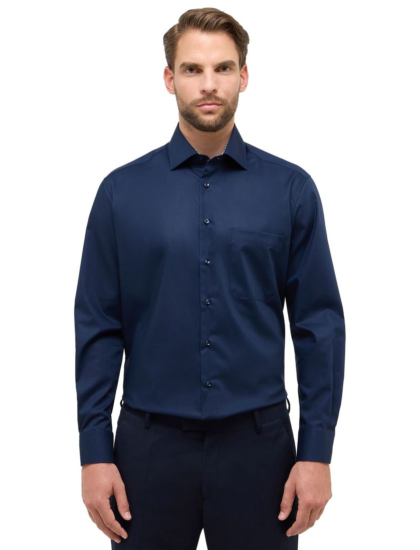 Eterna overhemd donkerblauw mouwlengte 7 effen katoen