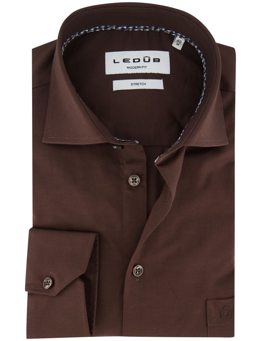 Ledub modern fit overhemd bruin katoen