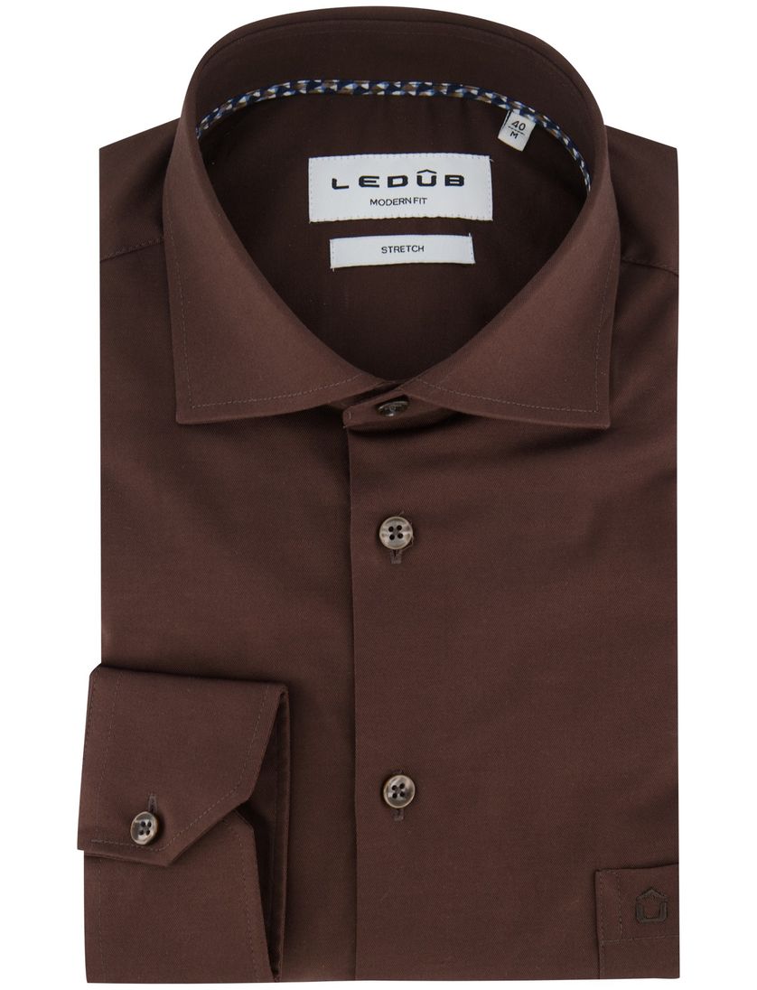 Ledub modern fit overhemd bruin katoen